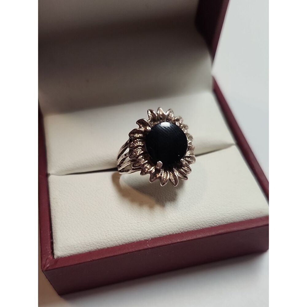 Sterling Silver Black Center Sunflower Statement Ring Size 7.5 Vintage